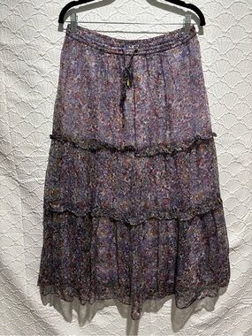 Anthropologie Purple Floral Tiered Midi Skirt US 8 Boho Cottagecore Romantic